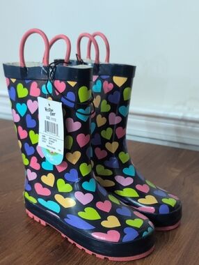 Western Chief Navy Kids Rain Boots with Multicolor Hearts 11/12 Kid